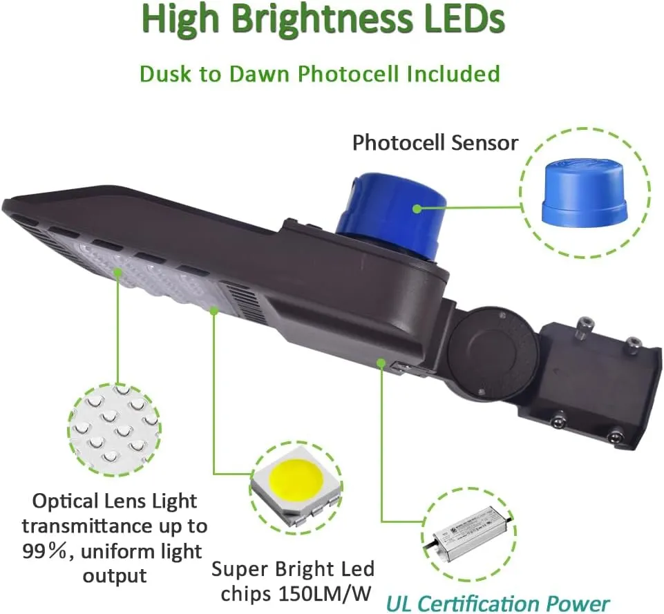 100W Outdoor Parking Lot Light, SZGMJIA LED Street Light 15,000LM Super Bright 5000K Daylight White AC100-277V with Dusk to Dawn Photocell Replaces 1000W Halide with Slip Fit Mount Shoebox Pole Light
