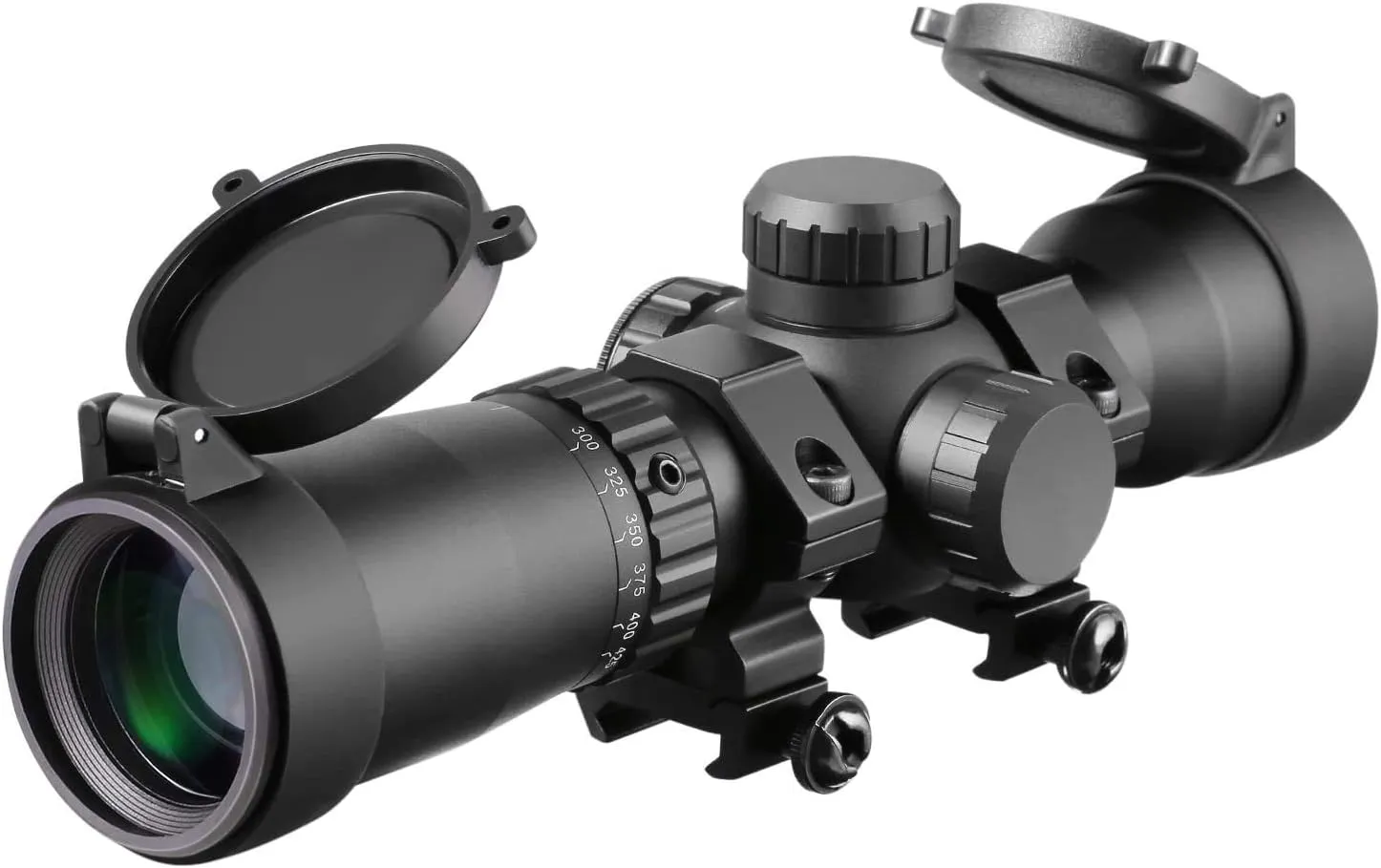 1.5-5x32 Crossbow Scope, 20-100 Yards Ballistic, Second Focal Plane, 300-425 FPS Speed Adjustment, R/G Illuminated Reticle, Hunting Optics W/Rings