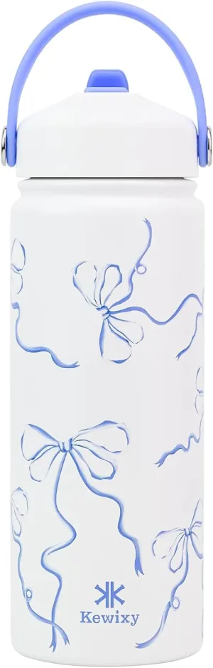 18 oz Insulated Water Bottle with Straw, Leak Proof, Cup Holder Fit, Stainless Steel with Flip Straw and Handle, Reusable, Metal, for Travel, Gym and School (Breeze Blue Bow)