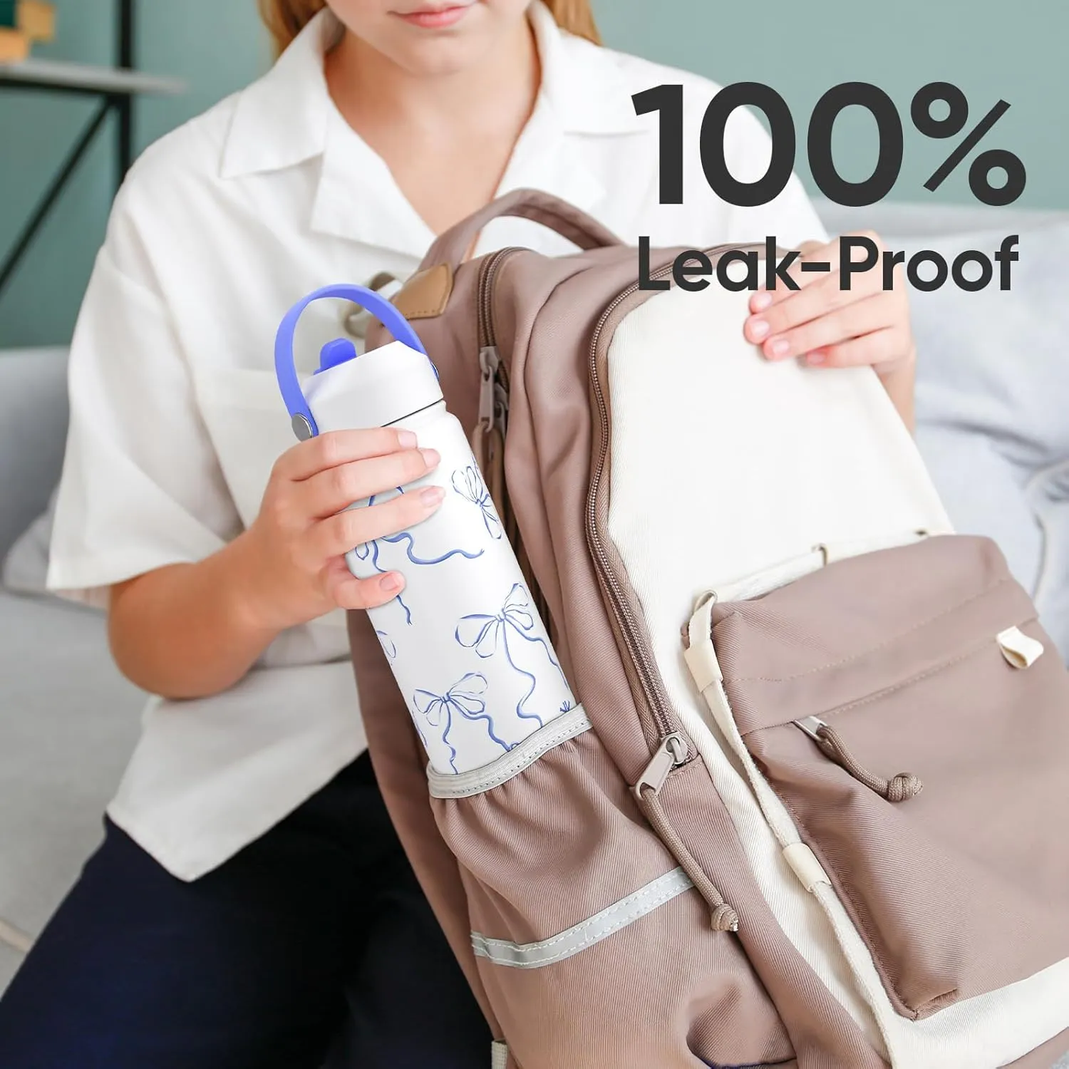 18 oz Insulated Water Bottle with Straw, Leak Proof, Cup Holder Fit, Stainless Steel with Flip Straw and Handle, Reusable, Metal, for Travel, Gym and School (Breeze Blue Bow)