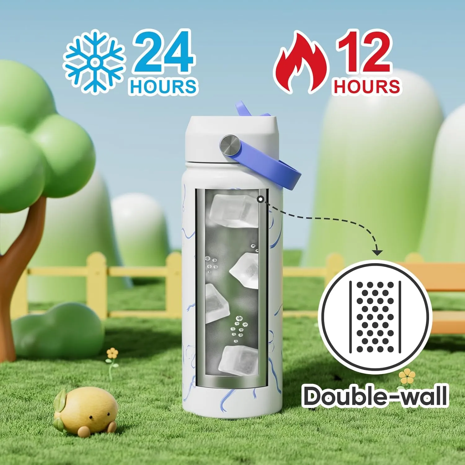 18 oz Insulated Water Bottle with Straw, Leak Proof, Cup Holder Fit, Stainless Steel with Flip Straw and Handle, Reusable, Metal, for Travel, Gym and School (Breeze Blue Bow)