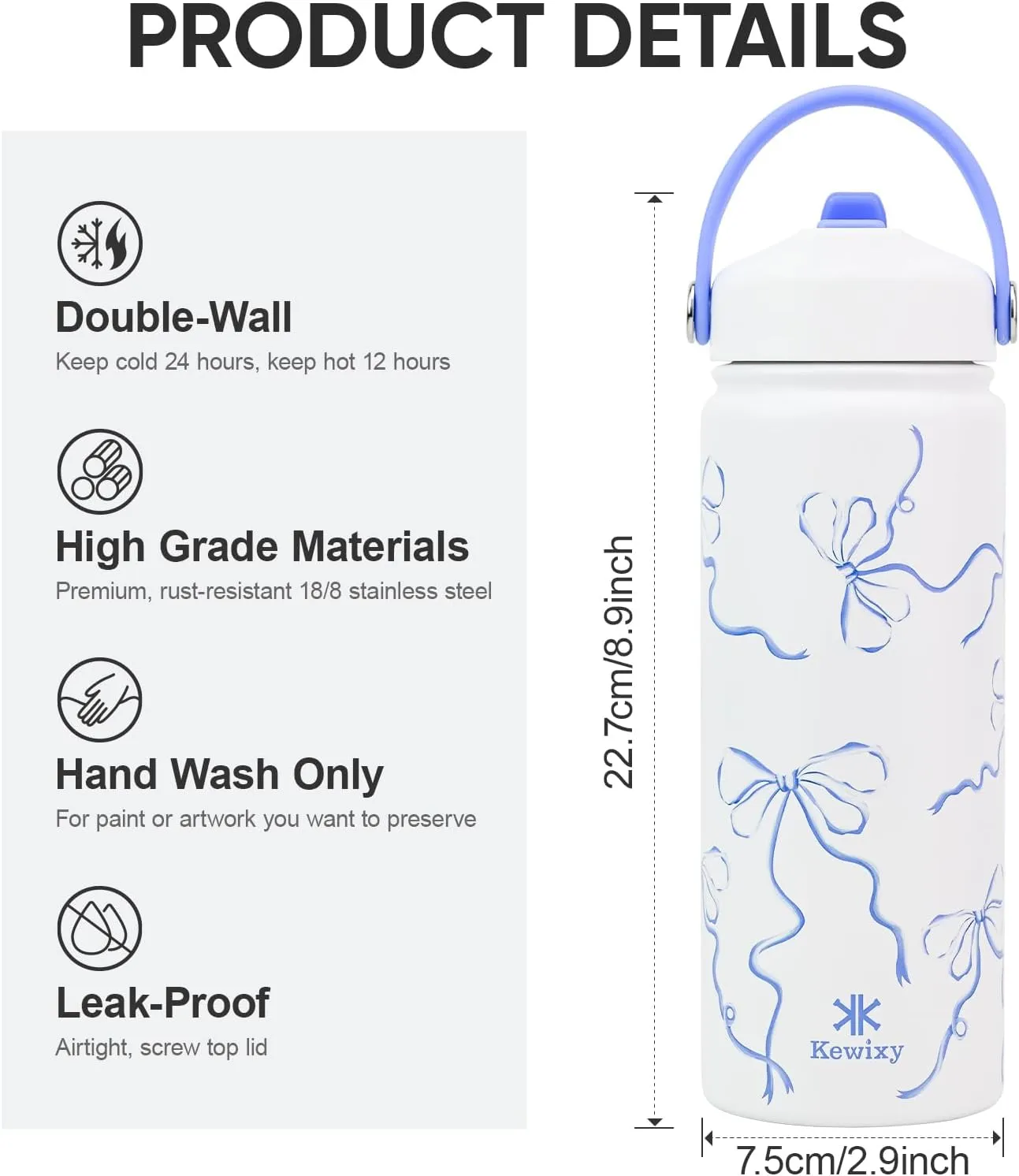 18 oz Insulated Water Bottle with Straw, Leak Proof, Cup Holder Fit, Stainless Steel with Flip Straw and Handle, Reusable, Metal, for Travel, Gym and School (Breeze Blue Bow)
