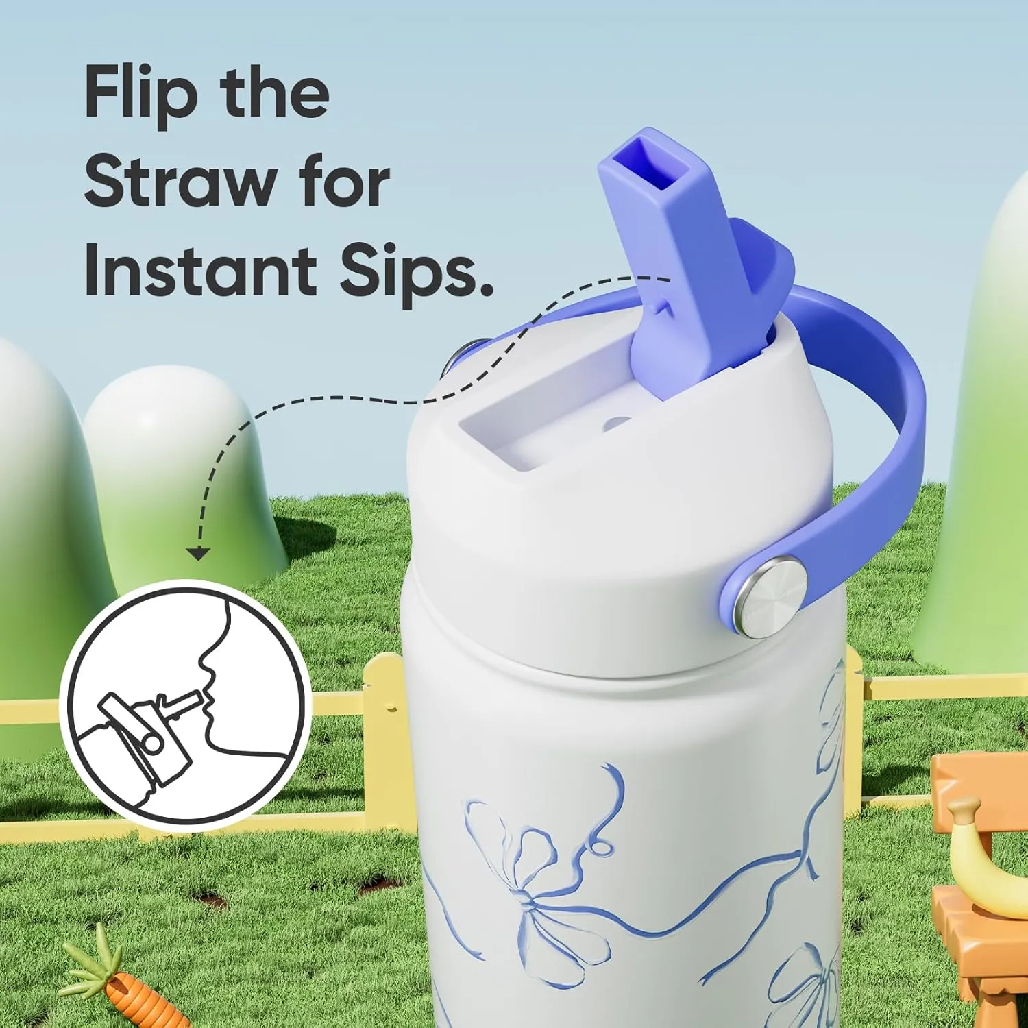 18 oz Insulated Water Bottle with Straw, Leak Proof, Cup Holder Fit, Stainless Steel with Flip Straw and Handle, Reusable, Metal, for Travel, Gym and School (Breeze Blue Bow)