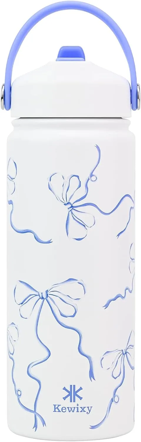18 oz Insulated Water Bottle with Straw, Leak Proof, Cup Holder Fit, Stainless Steel with Flip Straw and Handle, Reusable, Metal, for Travel, Gym and School (Breeze Blue Bow)