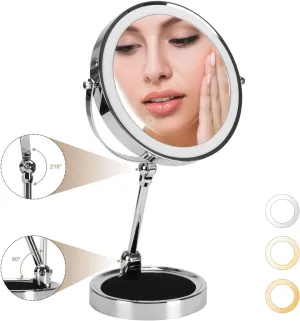 1X/10X Folding Lighted Magnifying Makeup Mirror, Vanity Mirror, Adjustable Double Sided Mirror, 8 inch