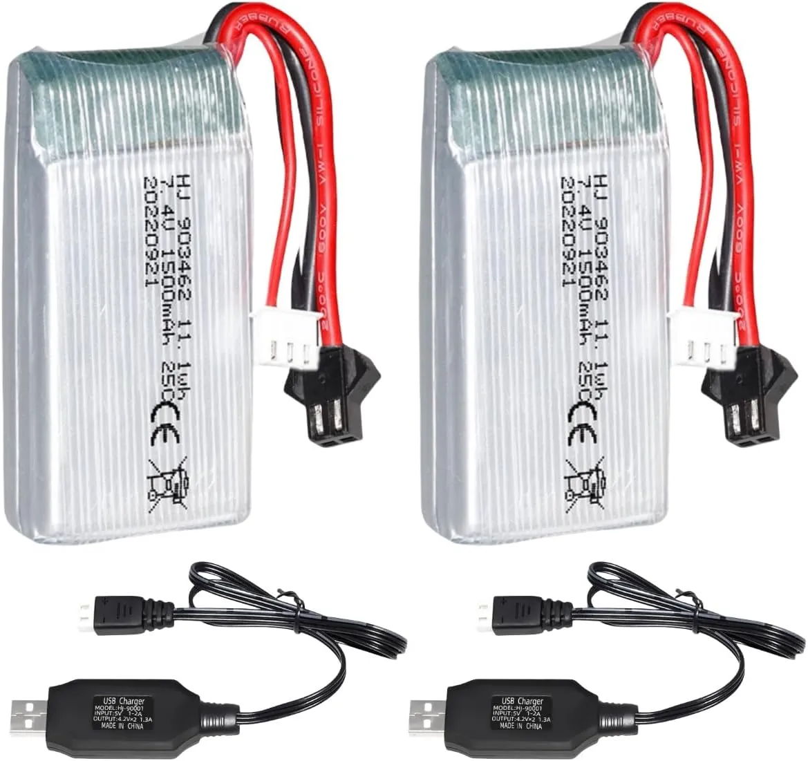 2 Pack 7.4V 1500mAh 903462 25C for Wltoys A959-B A969-B A979-B K929-B WLtoys 4WD High Speed RC Cars and Most 1/10, 1/12, 1/16 Scale RC Cars Trucks Rechargeable Li-ion Battery with SM-2P Joint