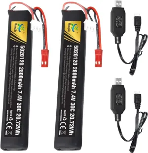2 Pack 7.4V 2800mAh 5020120 30C for Soft Gun Toy,Electric Soft Gun,Water Gun Toys,Airplane Toys,FPV UAV Remote,RC Cars,RC Boat,RC Truck Rechargeable Li-ion Battery JST Joint with USB Charging