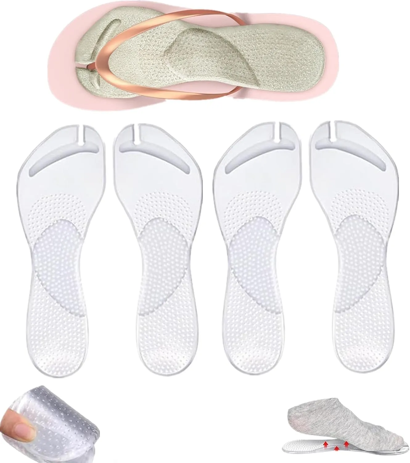 2 Pairs Gel Arch Support Cushion Insoles for Flip Flop Thong Sandals,Gel Adhesive Arch Support Flip Flop Thong Inserts Self Adhesive Gel Arch Support Cushion Insoles Pain Relief (Clear, S/M)