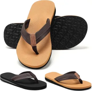 2 Pairs Men's Flip Flops Soft Cushion Footbed with Arch Support Leather Thong Sandals Beach Non Slip Slippers
