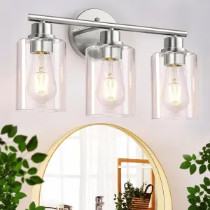 3-Light Brushed Silver Bathroom Vanity Lighting Fixtures Over Mirror, Modern Wall Sconces with Clear Glass Shade, Wall Mounted Lamp for Bedroom Hallway Living Room Kitchen,Bulb Not Included