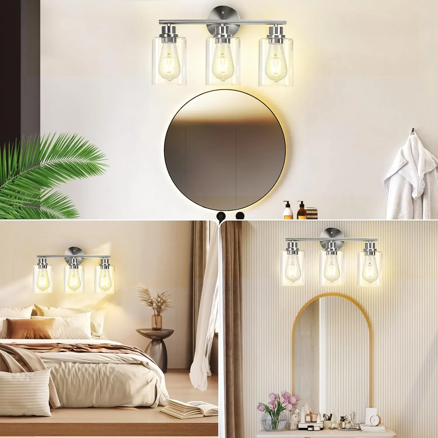 3-Light Brushed Silver Bathroom Vanity Lighting Fixtures Over Mirror, Modern Wall Sconces with Clear Glass Shade, Wall Mounted Lamp for Bedroom Hallway Living Room Kitchen,Bulb Not Included
