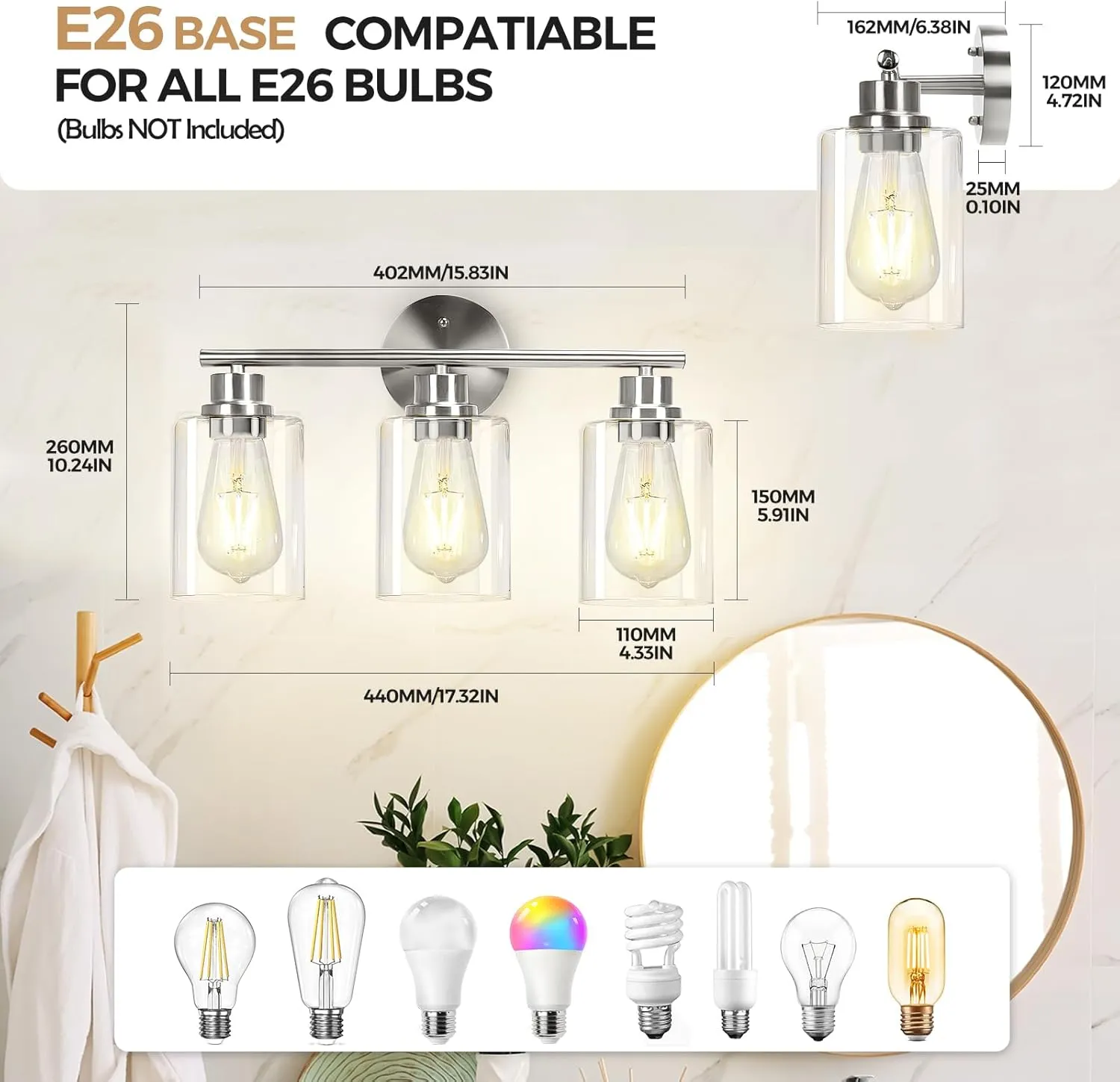 3-Light Brushed Silver Bathroom Vanity Lighting Fixtures Over Mirror, Modern Wall Sconces with Clear Glass Shade, Wall Mounted Lamp for Bedroom Hallway Living Room Kitchen,Bulb Not Included