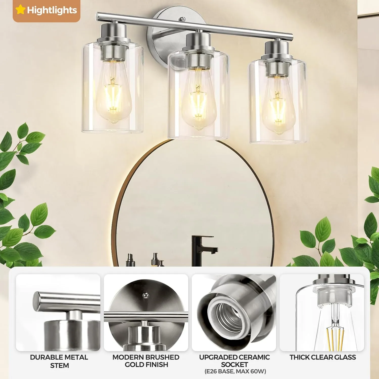 3-Light Brushed Silver Bathroom Vanity Lighting Fixtures Over Mirror, Modern Wall Sconces with Clear Glass Shade, Wall Mounted Lamp for Bedroom Hallway Living Room Kitchen,Bulb Not Included