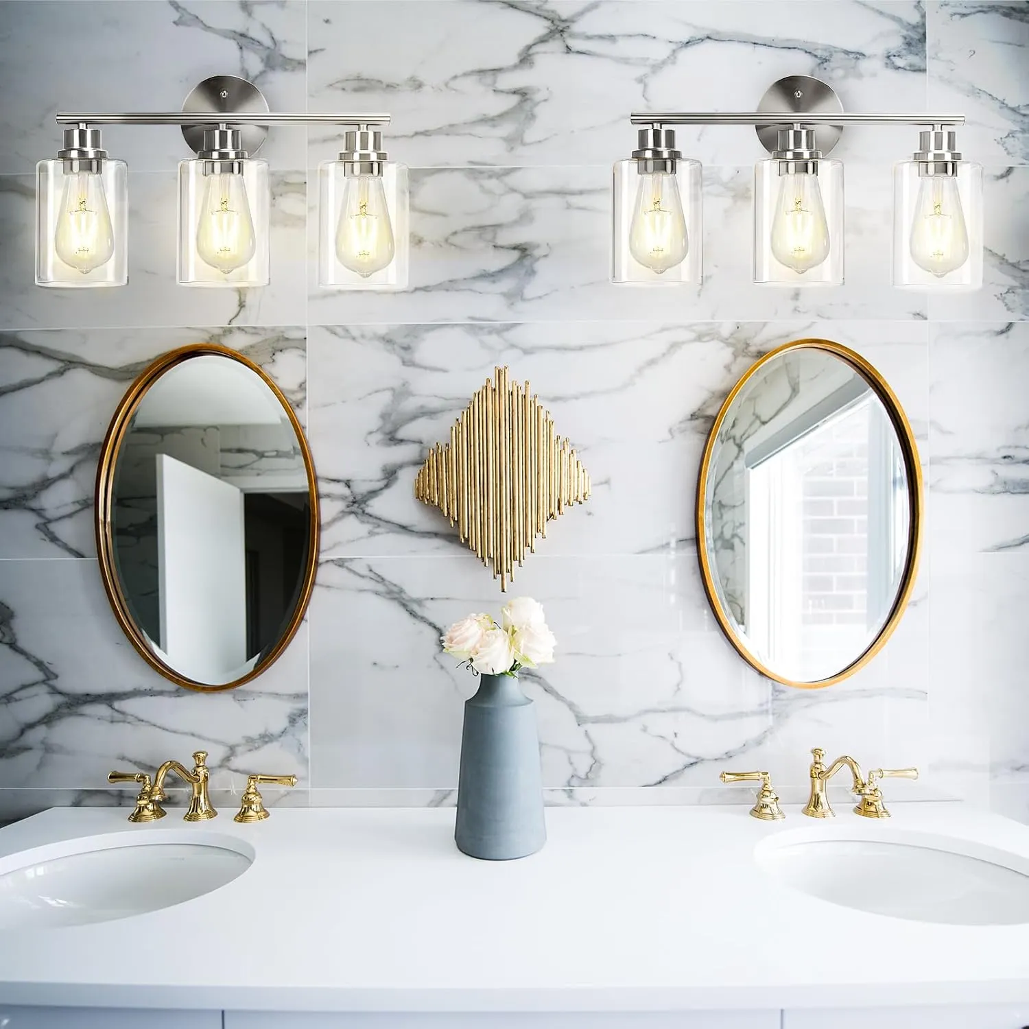 3-Light Brushed Silver Bathroom Vanity Lighting Fixtures Over Mirror, Modern Wall Sconces with Clear Glass Shade, Wall Mounted Lamp for Bedroom Hallway Living Room Kitchen,Bulb Not Included