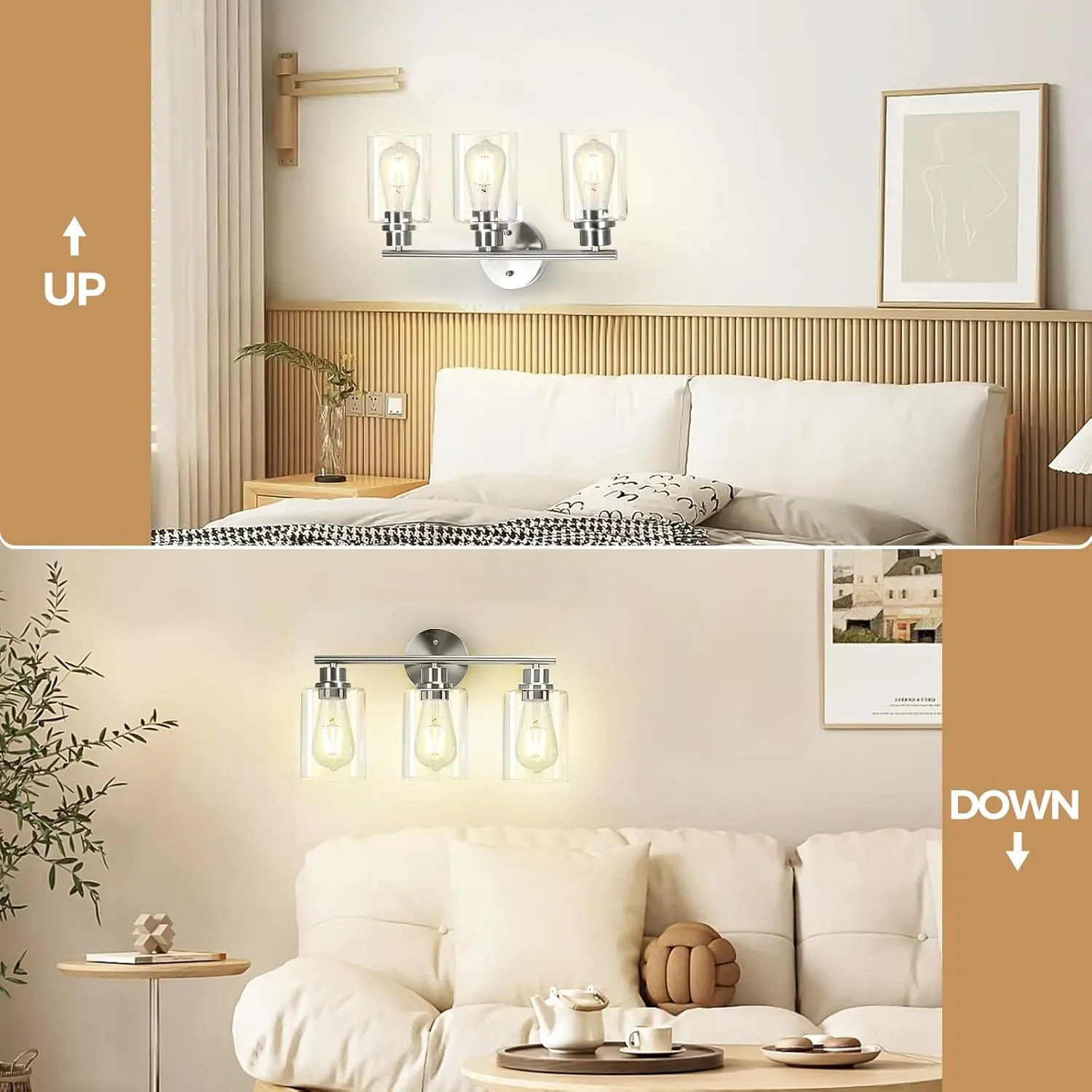 3-Light Brushed Silver Bathroom Vanity Lighting Fixtures Over Mirror, Modern Wall Sconces with Clear Glass Shade, Wall Mounted Lamp for Bedroom Hallway Living Room Kitchen,Bulb Not Included