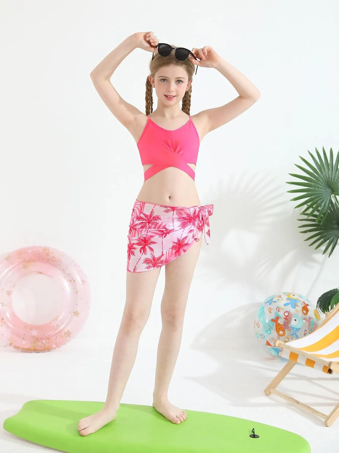 3 Pieces Girls Swimsuits Bikini Set Tropical Print Bikini Set Criss Cross Bathing Suit with Cover Up Skirt for Kids