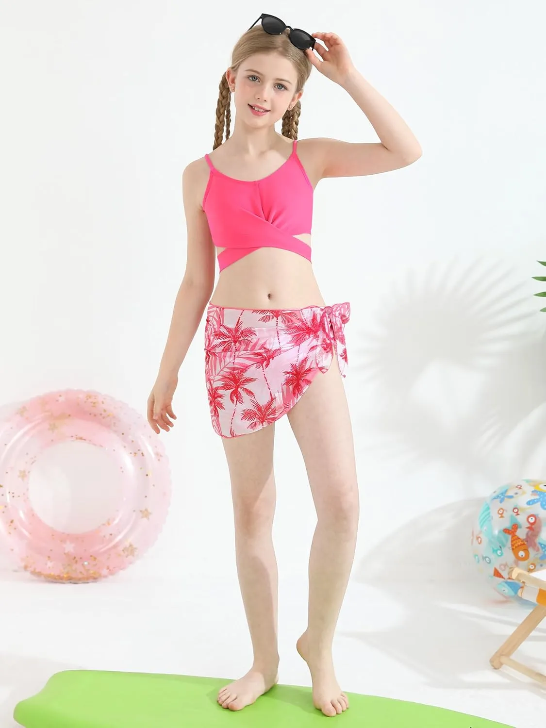 3 Pieces Girls Swimsuits Bikini Set Tropical Print Bikini Set Criss Cross Bathing Suit with Cover Up Skirt for Kids