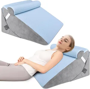 3pcs Bed Wedge Pillow Set, Adjustable Bed Wedge Pillow for Sleeping, 7 & 12 Inch Wedge Pillow Headboard for Acid Reflux and Back Pain Relief, Post Surgery, Snoring, Back Support, Light Blue