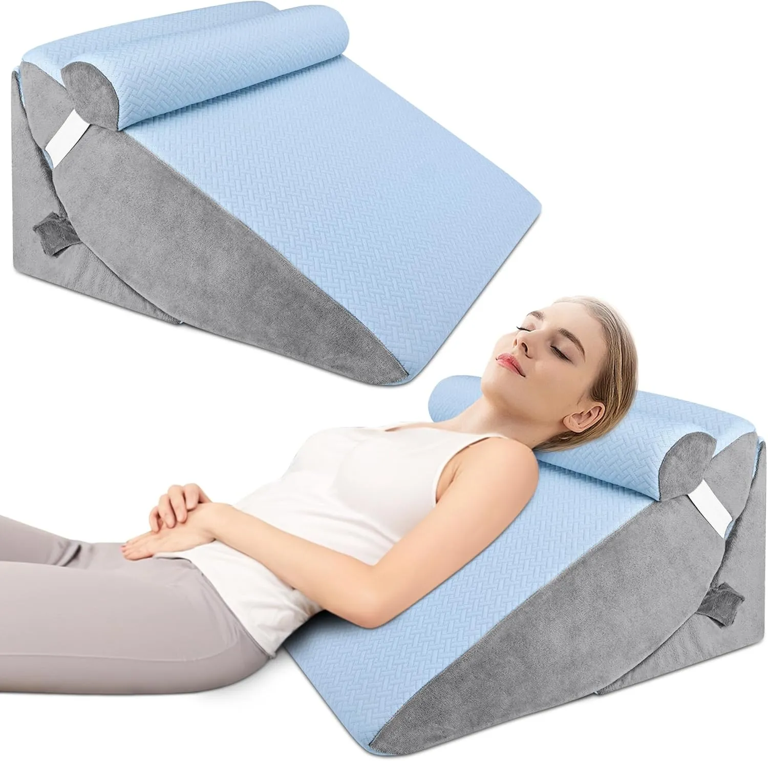 3pcs Bed Wedge Pillow Set, Adjustable Bed Wedge Pillow for Sleeping, 7 & 12 Inch Wedge Pillow Headboard for Acid Reflux and Back Pain Relief, Post Surgery, Snoring, Back Support, Light Blue