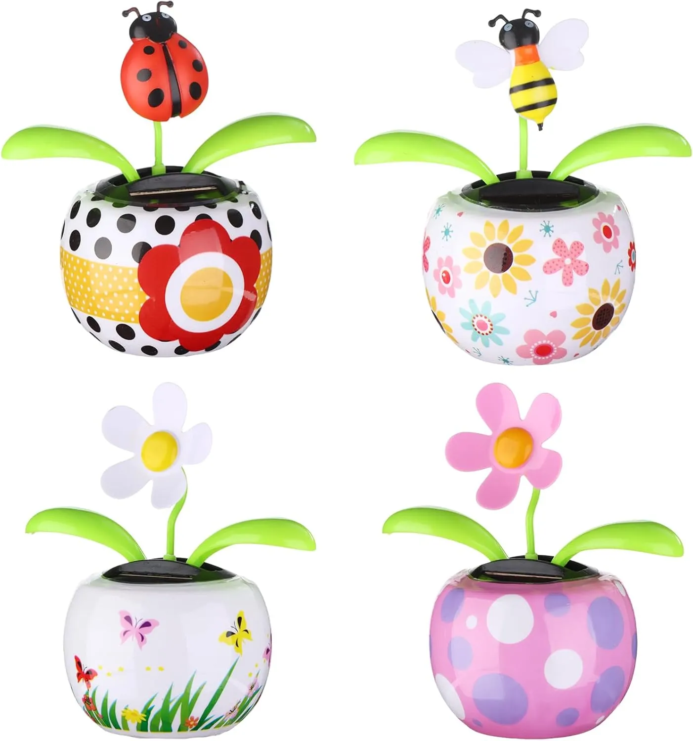 4 Solar Dancing Bee Toy Solar Powered Dancing Sun Flower in Colorful Pots Swinging Ladybug Shape Flip Flap Animated Bobblehead Dancer Window Rose Sun Catcher Car Dashboard Decor