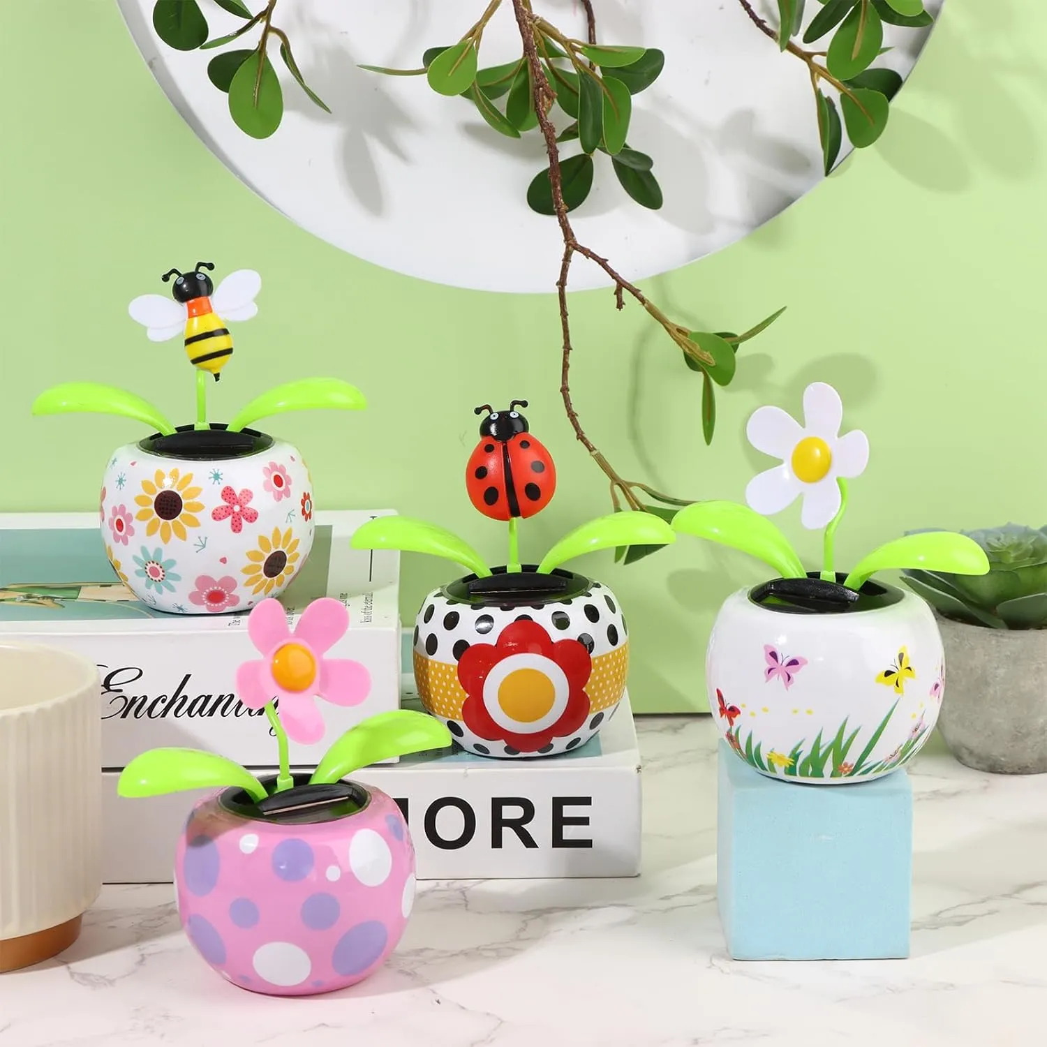 4 Solar Dancing Bee Toy Solar Powered Dancing Sun Flower in Colorful Pots Swinging Ladybug Shape Flip Flap Animated Bobblehead Dancer Window Rose Sun Catcher Car Dashboard Decor