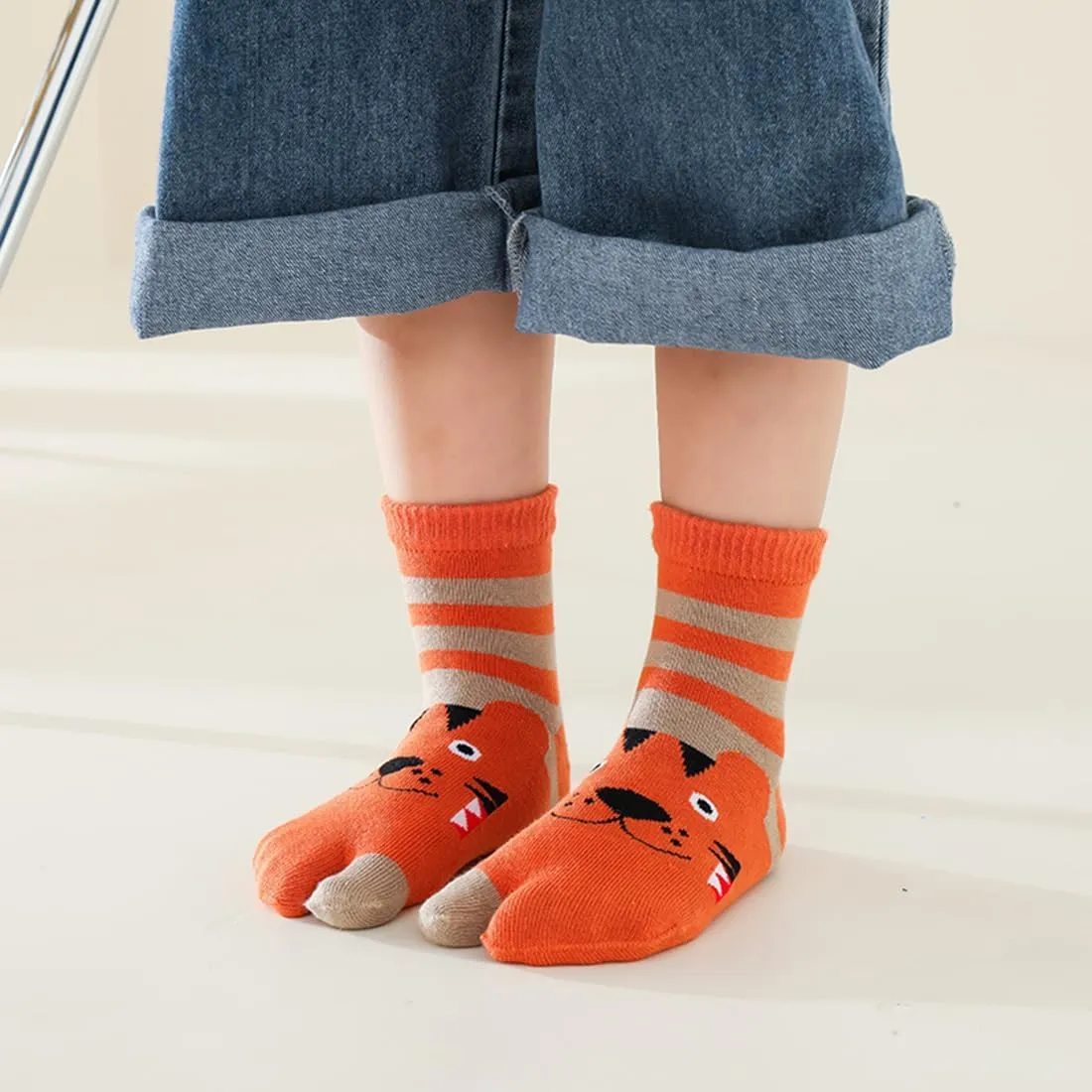 5 Pairs Kids Cotton Two Big Toe Tabi Flip Flops V Socks Cute Cartoon Animals Socks for Boys Girls 3-12 Years