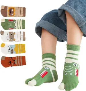 5 Pairs Kids Cotton Two Big Toe Tabi Flip Flops V Socks Cute Cartoon Animals Socks for Boys Girls 3-12 Years