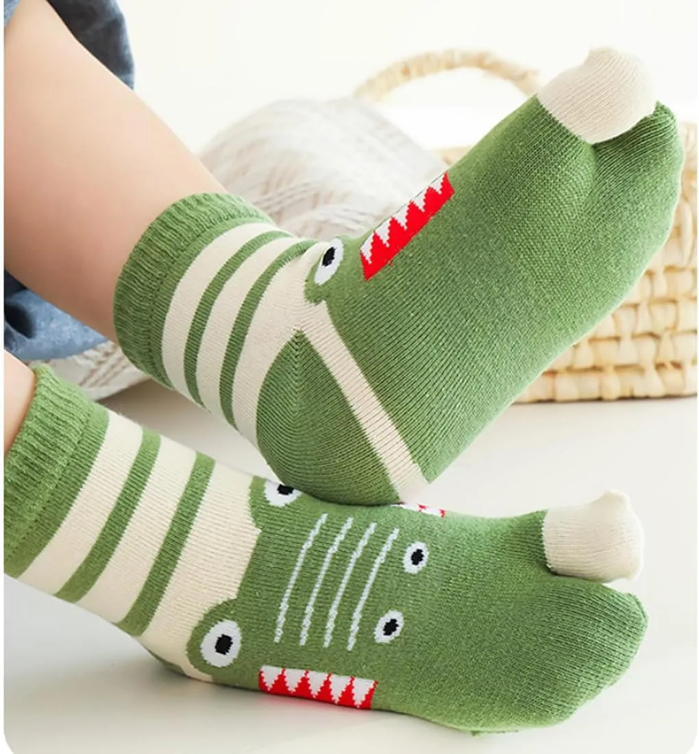 5 Pairs Kids Cotton Two Big Toe Tabi Flip Flops V Socks Cute Cartoon Animals Socks for Boys Girls 3-12 Years