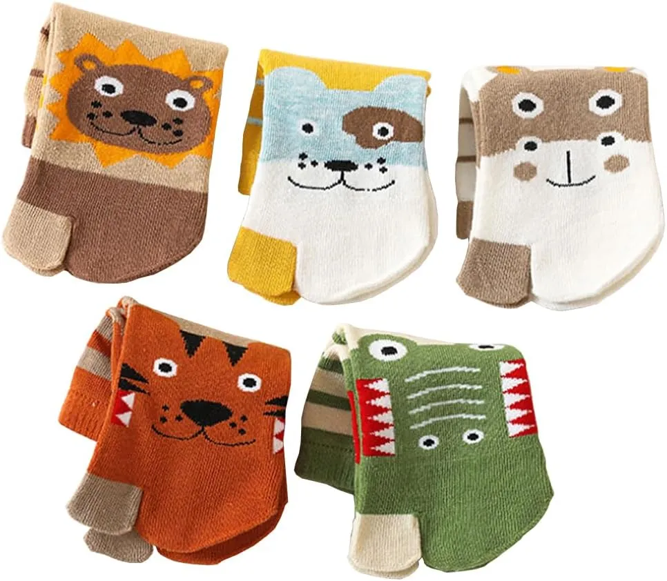 5 Pairs Kids Cotton Two Big Toe Tabi Flip Flops V Socks Cute Cartoon Animals Socks for Boys Girls 3-12 Years