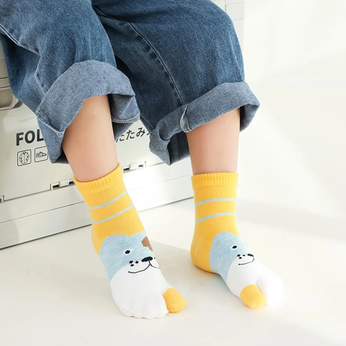 5 Pairs Kids Cotton Two Big Toe Tabi Flip Flops V Socks Cute Cartoon Animals Socks for Boys Girls 3-12 Years