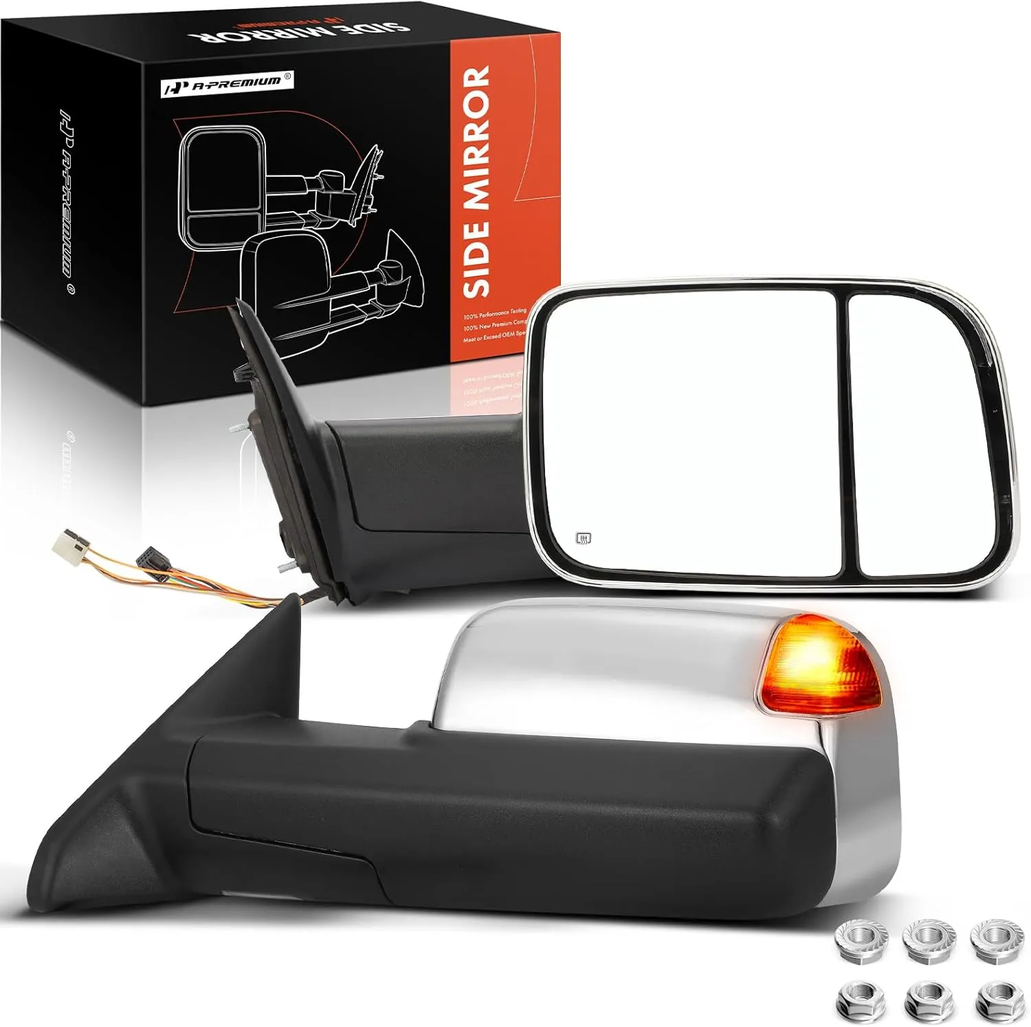 A-Premium Towing Mirrors Compatible with Ram 1500, 1500 Classic, 2500, 3500 - Manual Folding Heated Flip Chrome - with Power Glass Turn Signal Puddle Light Temperature Sensor - Pair Set