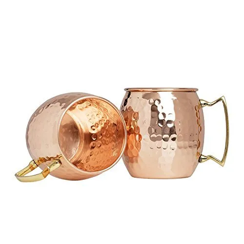 Advanced Mixology Set of 10 100% Pure Copper Moscow Mule Mugs (16 oz each) with 10 Artisan Hand Crafted Wooden Coasters - Barrel With Brass Handle