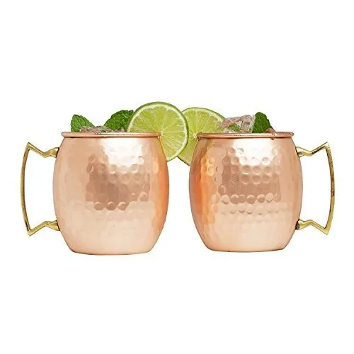Advanced Mixology Set of 10 100% Pure Copper Moscow Mule Mugs (16 oz each) with 10 Artisan Hand Crafted Wooden Coasters - Barrel With Brass Handle