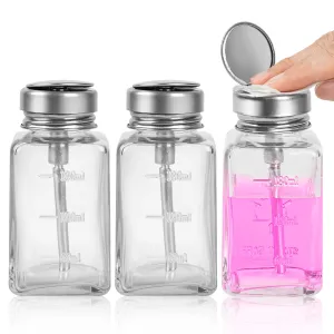 Alcohol Bottle Pump Dispenser Remover Polish Containers- Clear Bottle with Metal Flip Cover, Empty Pump Bottle Dispenser Travel Size for Nail Polish and Makeup Remover Pump Bottle Dispenser Set