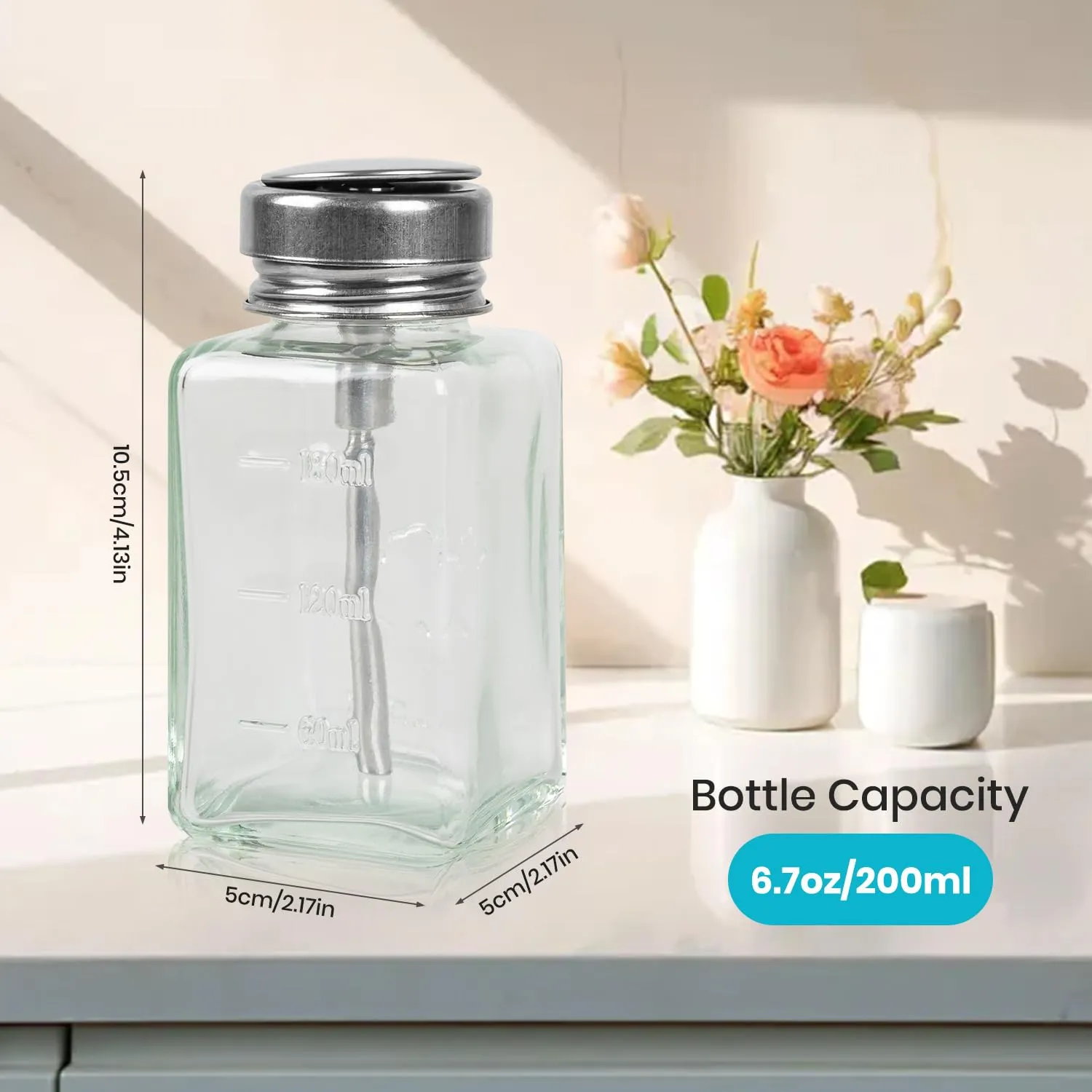 Alcohol Bottle Pump Dispenser Remover Polish Containers- Clear Bottle with Metal Flip Cover, Empty Pump Bottle Dispenser Travel Size for Nail Polish and Makeup Remover Pump Bottle Dispenser Set