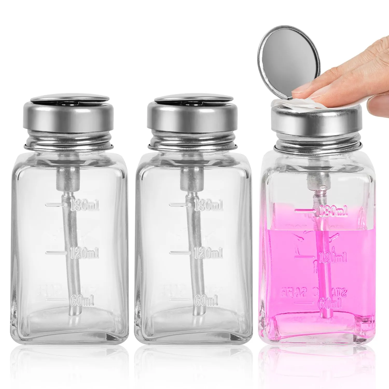 Alcohol Bottle Pump Dispenser Remover Polish Containers- Clear Bottle with Metal Flip Cover, Empty Pump Bottle Dispenser Travel Size for Nail Polish and Makeup Remover Pump Bottle Dispenser Set