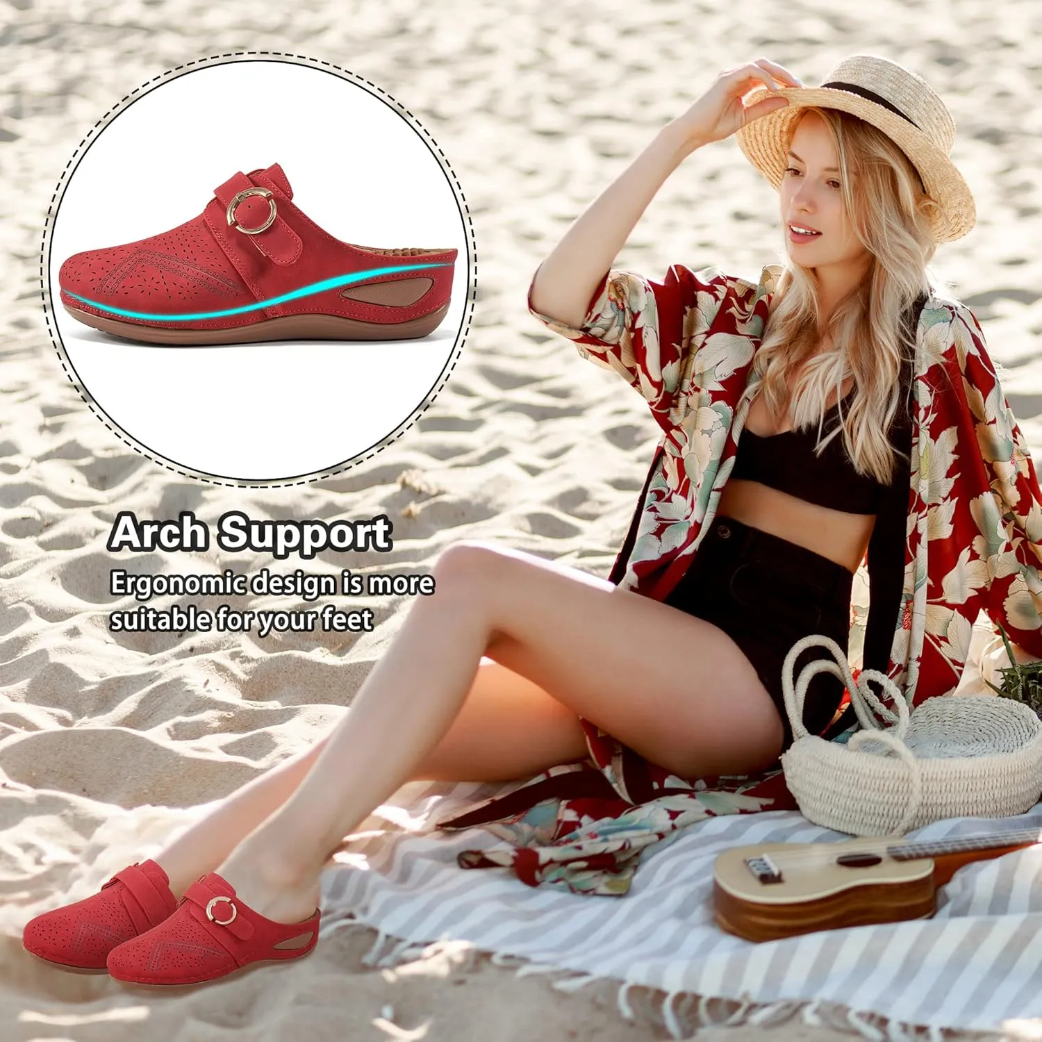 Alicegana Mules for Women Comfort Closed Toe Sandals Summer Slip on Wedge with Adjustable Hook Loop