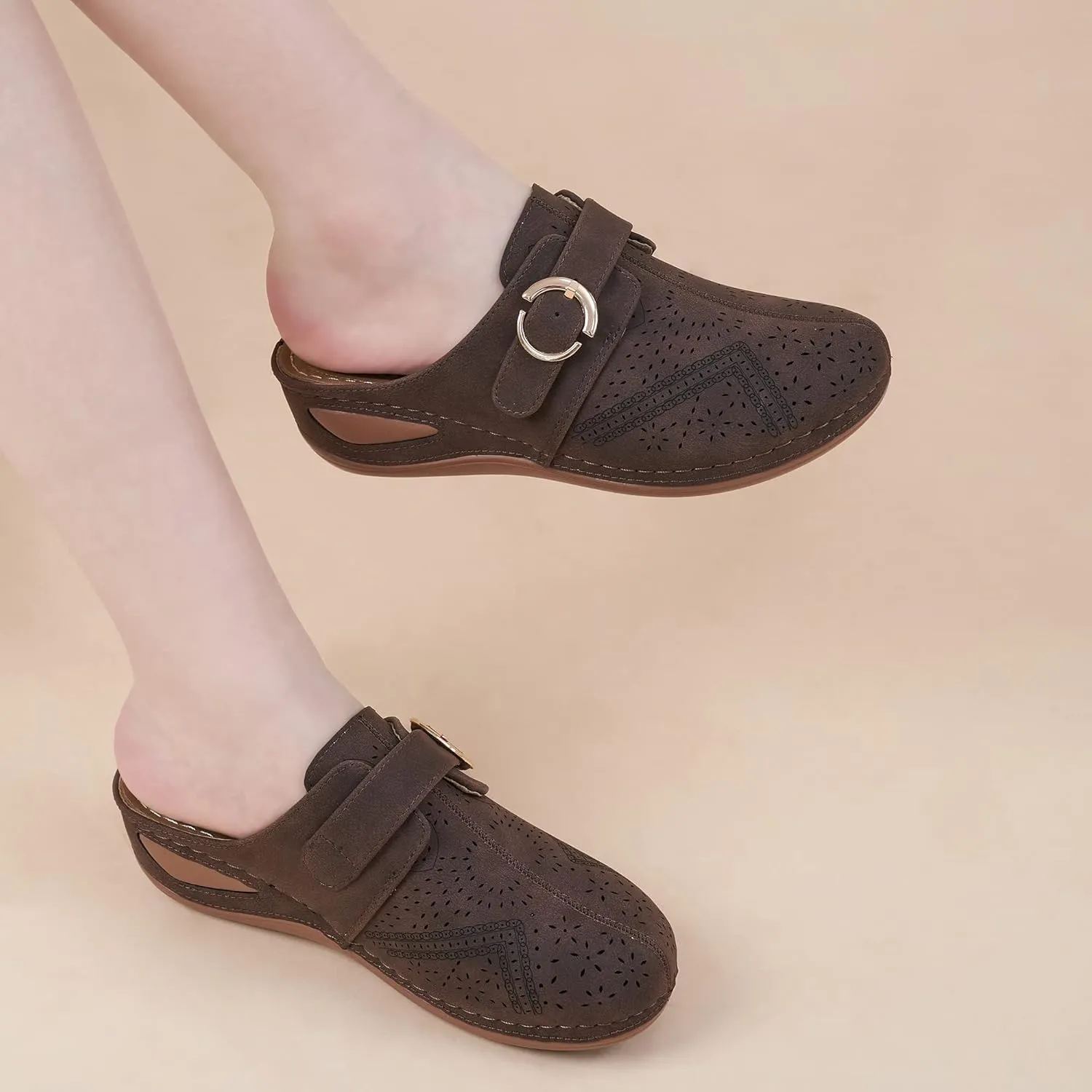 Alicegana Mules for Women Comfort Closed Toe Sandals Summer Slip on Wedge with Adjustable Hook Loop