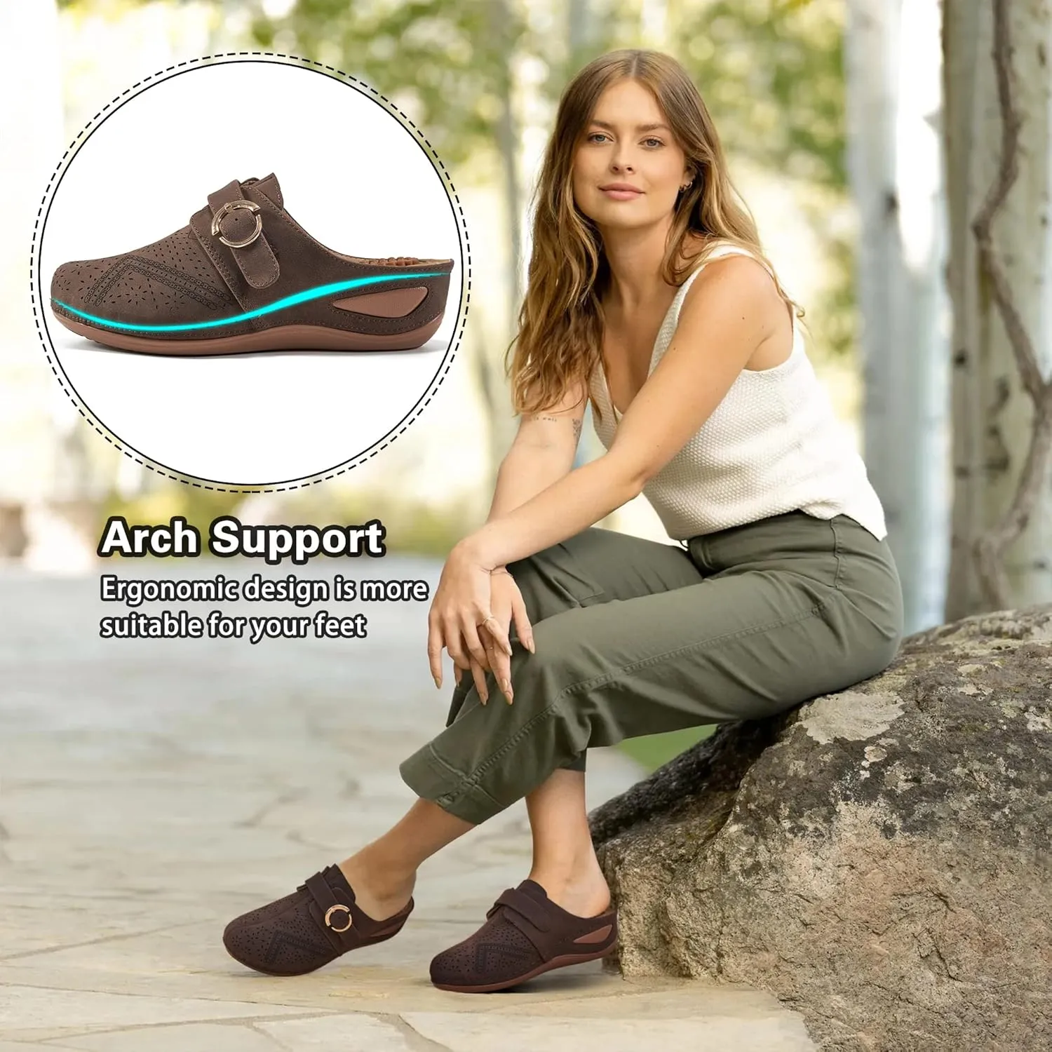 Alicegana Mules for Women Comfort Closed Toe Sandals Summer Slip on Wedge with Adjustable Hook Loop