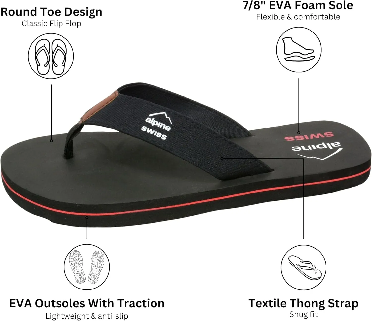 Alpine Swiss Mens Flip Flops | Lightweight Thong Sandals | Beach Sandals with EVA Sole for Comfort | Stylish Durable Flip Flops for Men Perfect for Casual Wear, Pool, and Outdoor Activities