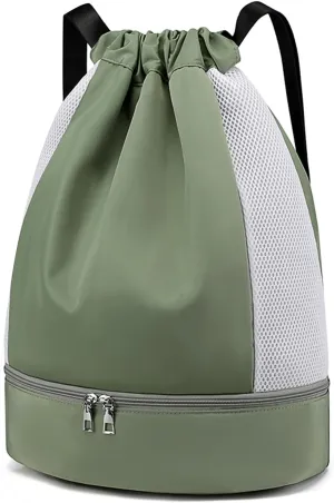 ALUSBELL Large Drawstring Backpack Sports Gym Sackpack Basketball Bag String Bag Cinch Beach Swim Bag for Women Men,Green