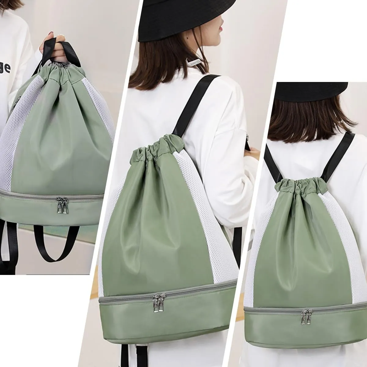 ALUSBELL Large Drawstring Backpack Sports Gym Sackpack Basketball Bag String Bag Cinch Beach Swim Bag for Women Men,Green