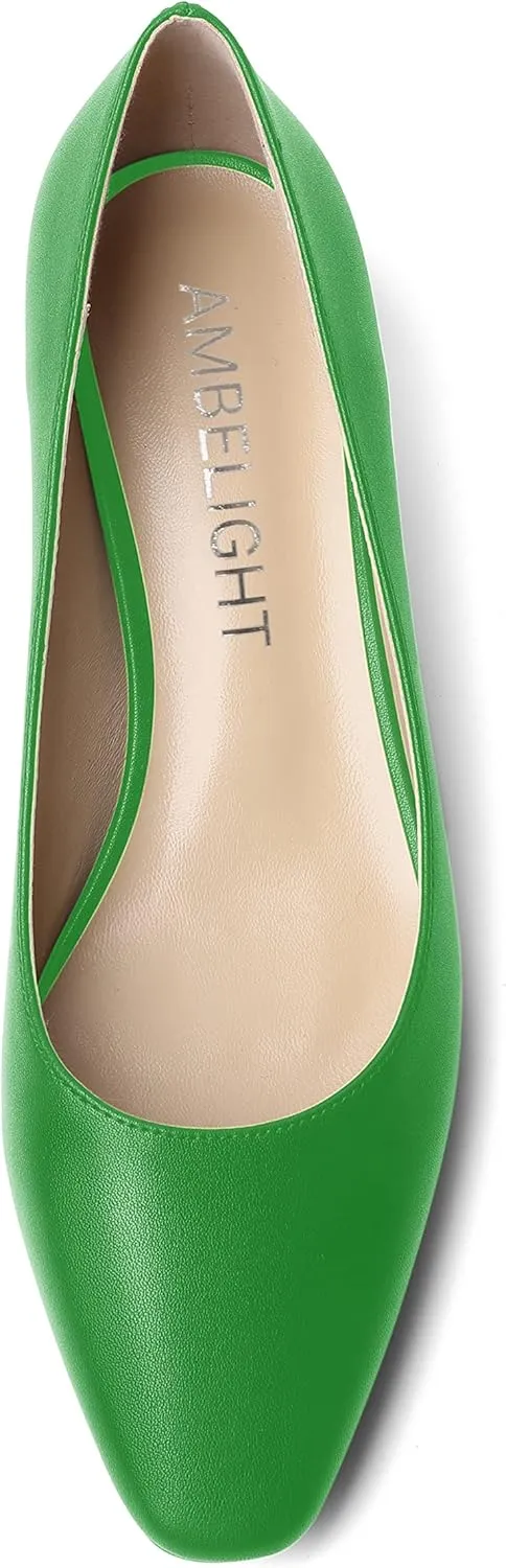 AMBELIGHT Womens Square Toe Solid Matte Office Casual Slip On Kitten Low Heel Pumps Shoes 1.5 Inch