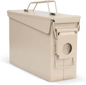 Ammo Storage Box - Tan .30 Caliber Ammunition Flip Top Lockable Storage Box - Waterproof Metal Military Ammo Can Container - Airtight Latching Dry Box Bullet Case Steel Field Box