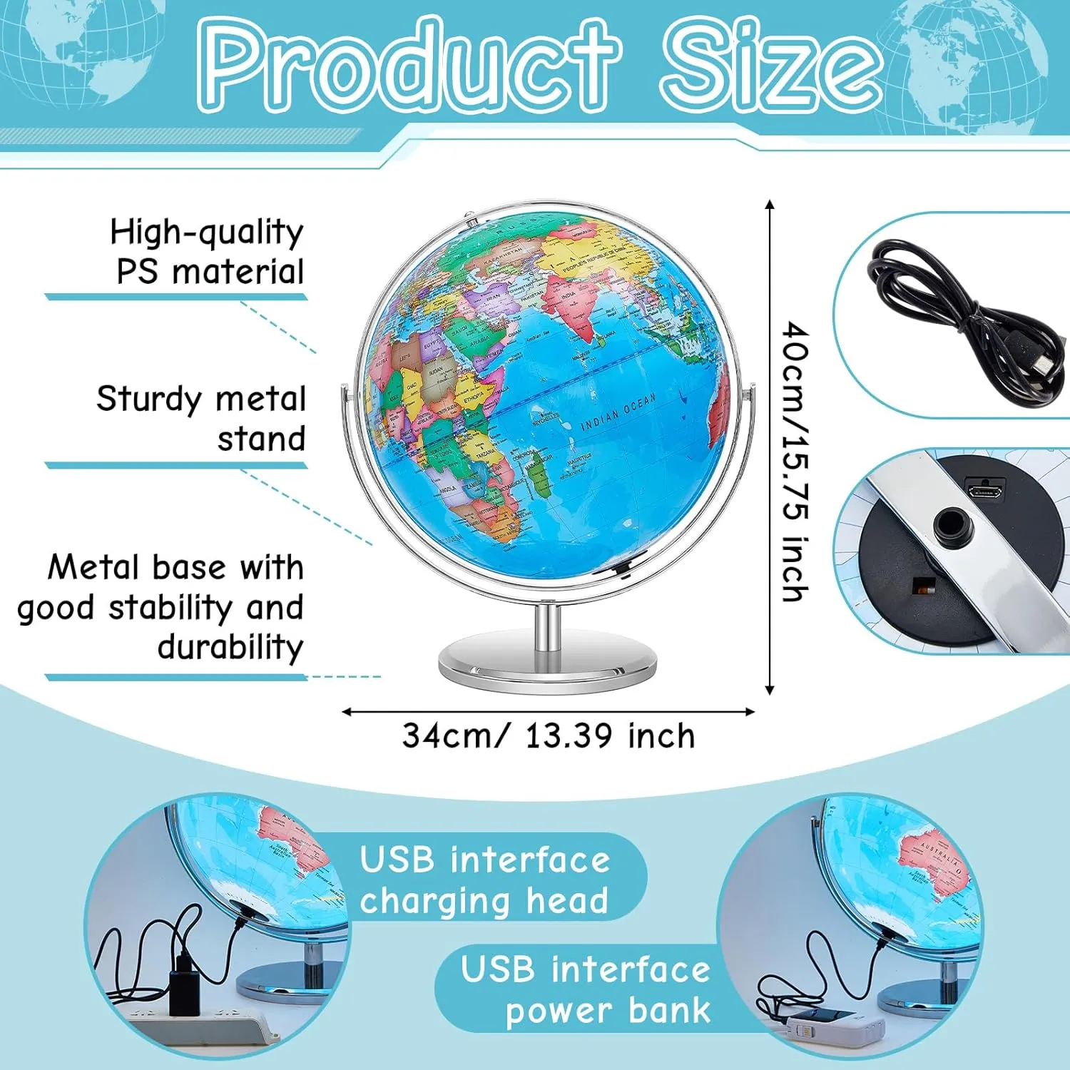 Amylove 13'' Illuminated World Globe with Stand 720°/360° Rotation Rewritable Light Up Globe for Kid World Map for Interactive Learning Light with Base Lamp LED Decor(Metal,Practical)