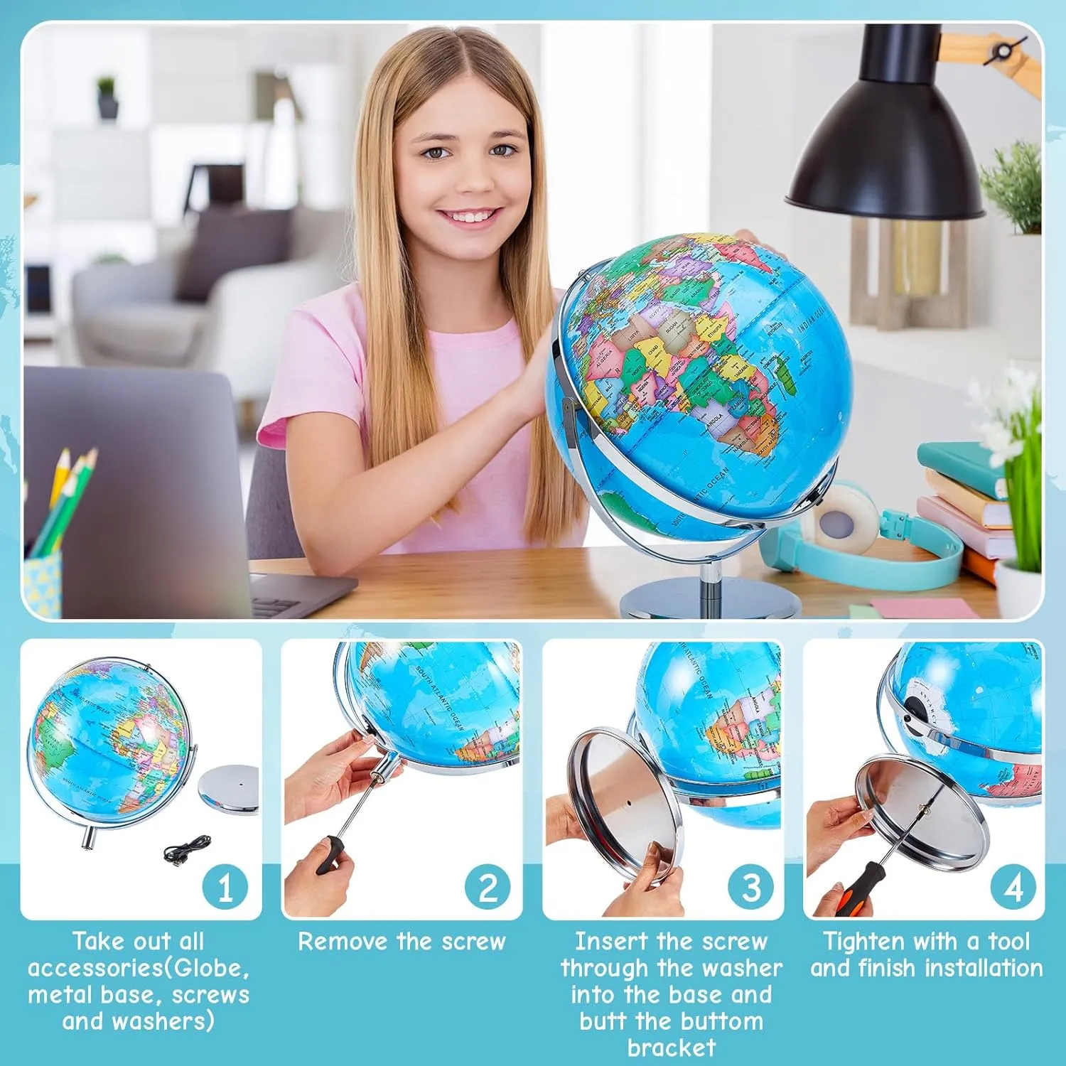 Amylove 13'' Illuminated World Globe with Stand 720°/360° Rotation Rewritable Light Up Globe for Kid World Map for Interactive Learning Light with Base Lamp LED Decor(Metal,Practical)