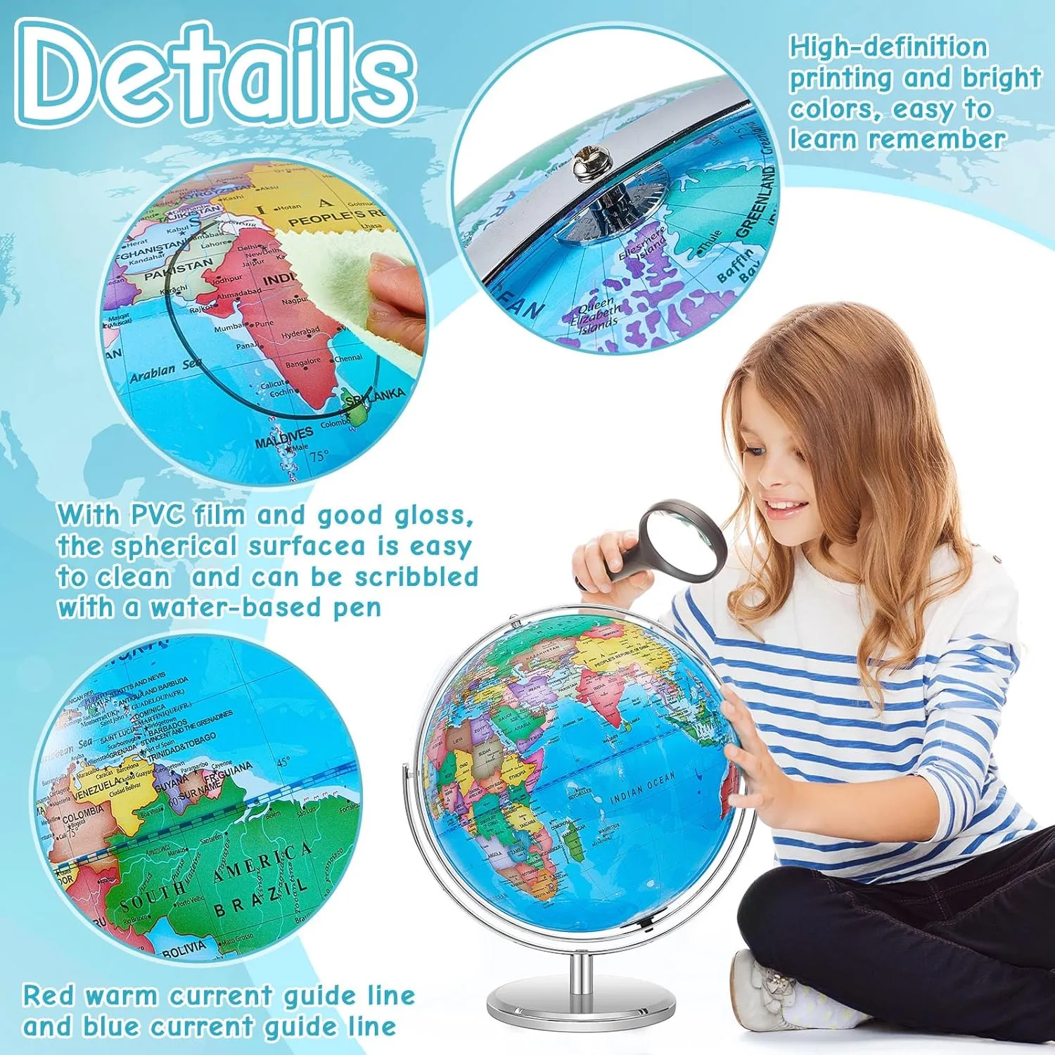 Amylove 13'' Illuminated World Globe with Stand 720°/360° Rotation Rewritable Light Up Globe for Kid World Map for Interactive Learning Light with Base Lamp LED Decor(Metal,Practical)