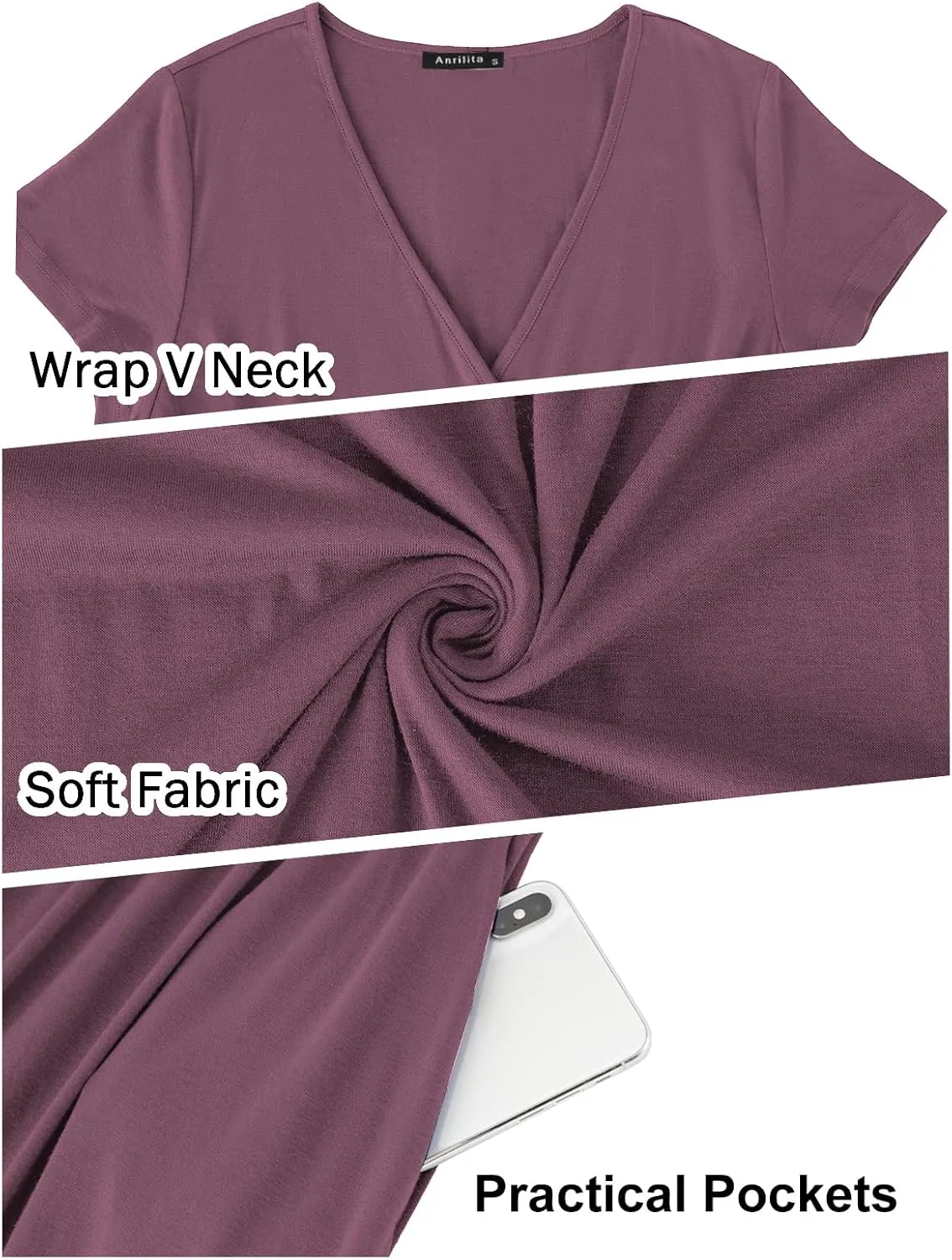 ANRILITA Maxi Dress for Women Wrap V Neck Short Sleeve Empire Pleated Waist Summer Casual Elegant Long Dresses with Pockets