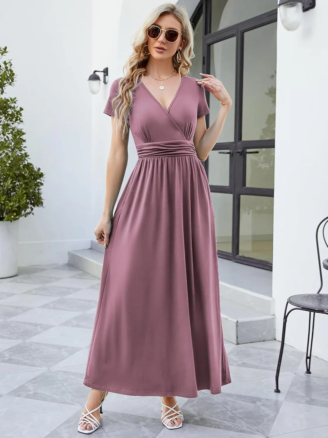 ANRILITA Maxi Dress for Women Wrap V Neck Short Sleeve Empire Pleated Waist Summer Casual Elegant Long Dresses with Pockets