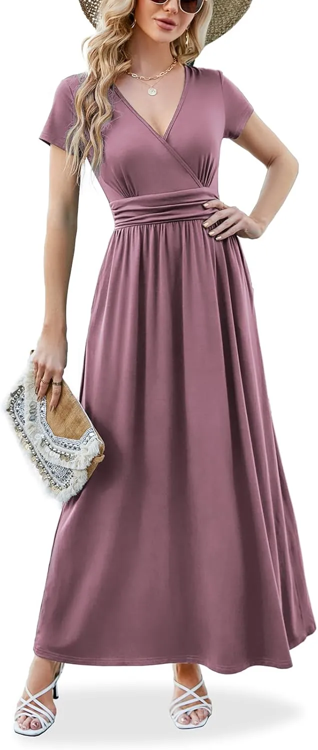 ANRILITA Maxi Dress for Women Wrap V Neck Short Sleeve Empire Pleated Waist Summer Casual Elegant Long Dresses with Pockets